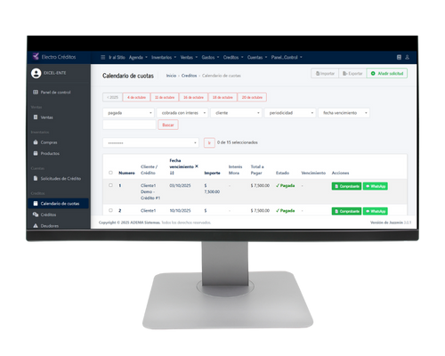 Interfaz del software Electro Créditos para gestión de cuotas y cobranzas